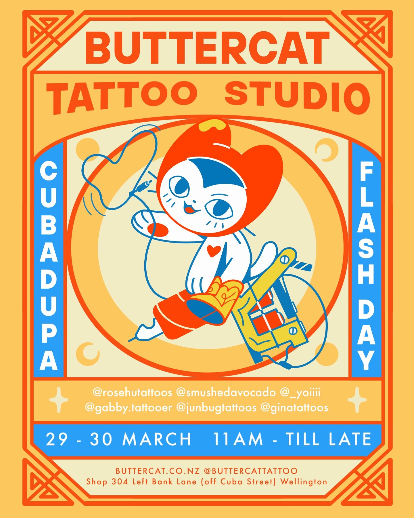 CUBADUPA FLASH WEEKEND 🕺🏽Sat 28 &amp; Sun 29 March

Coming into town for @cubadupa? Come get a tatt while you&rsquo;re at it! We&rsquo;ll be serving up fresh flash designs from all of our artists, and bringing back the Buttercat flash WHEEL OF FORT