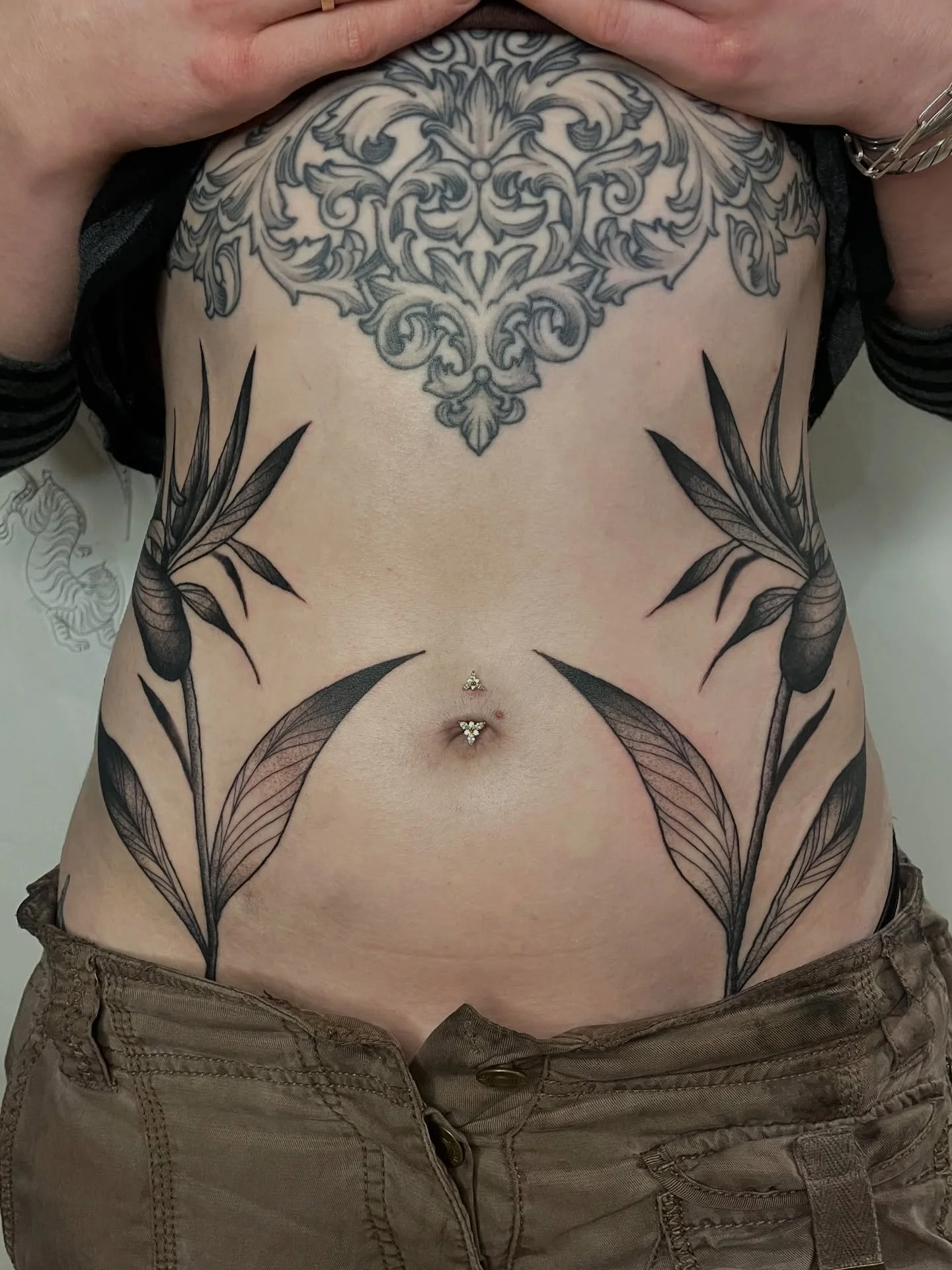 Incredibly fun day doing these bird of paradise flowers for Emily! 🌼🌼
.
.
.
.
.
.
.
#tattoo #wellingtontattoo #birdofparadise #flowertattoo #blackandgreytattoo #stomachtattoo