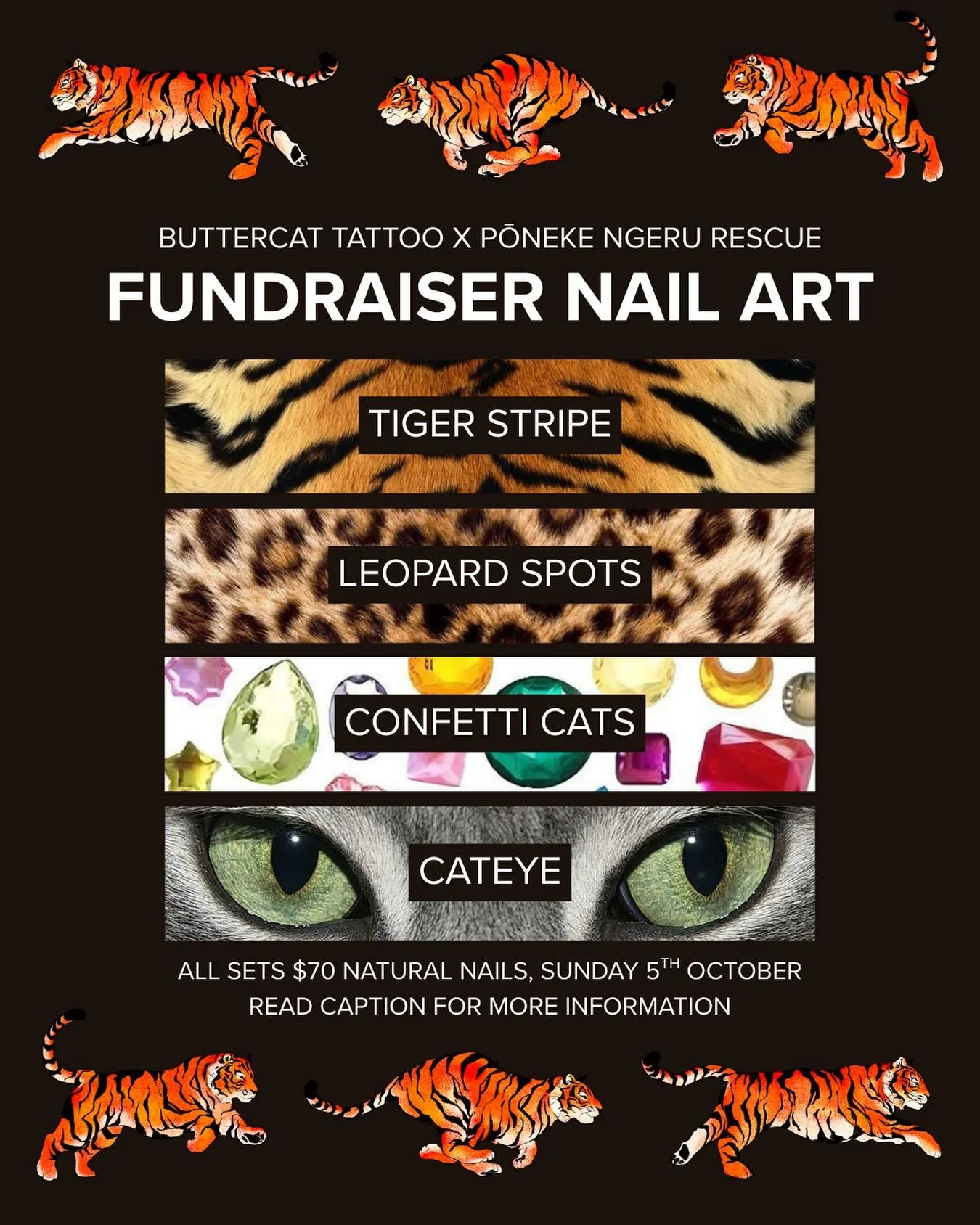 🐈‍⬛ FUNDRAISER FLASH NAILS 🐈
Each design is repeatable! Natural nails only! All sets $70!
Tiger Stripe - Your choice of colour in a tiger print pattern 🐅
Leopard Spots - Your choice of colour in a leopard print pattern 🐆
Confetti Cats - A