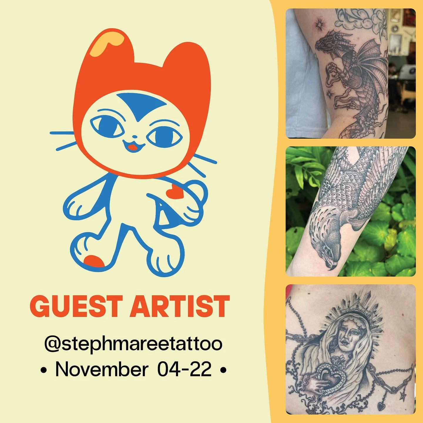 &bull;GUEST ARTIST&bull; November 04-22

The wonderful Steph (@stephmareetattoo) will be guesting with us for a few weeks in November! These will be her last dates before she moves to Otepōti so be sure to book in!

Contact her directly via email (st