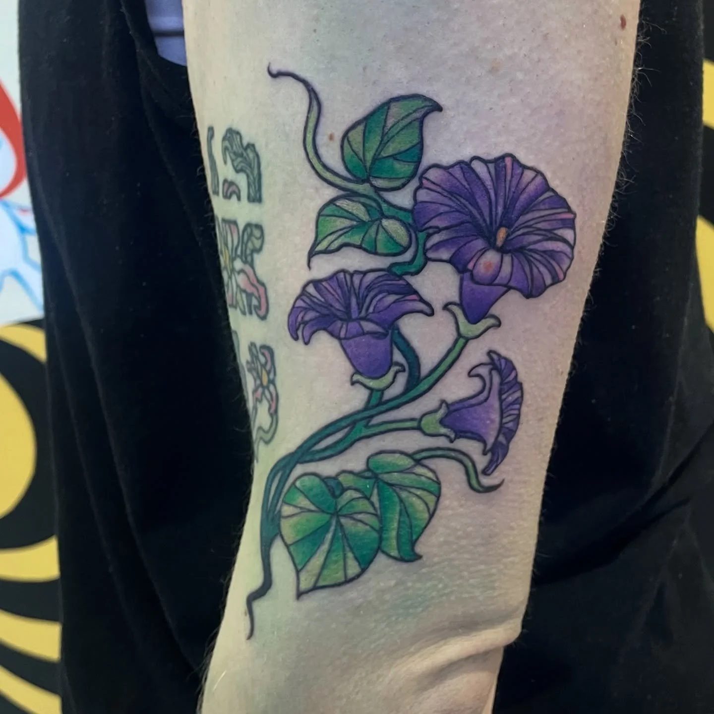 Stained glass flowers for Al!! 🪻🌼🌺🌷
.
.
.
.
.
.
.
.
#tattoo #wellingtontattoo #colourtattoo #flowertattoo #morningglory #stainedglass