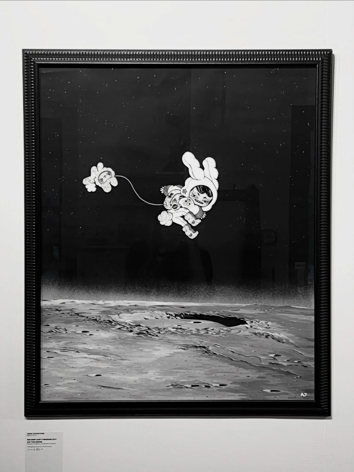 A couple of bunnies on the moon for @prettyugly.world 

Acrylic , spray paint , marker &amp; charcoal in custom frame.

On display till Sunday 14th Dec @fishcube_studio 

#originalart #illustration #nzartist #wellingtonartist #originalpainting