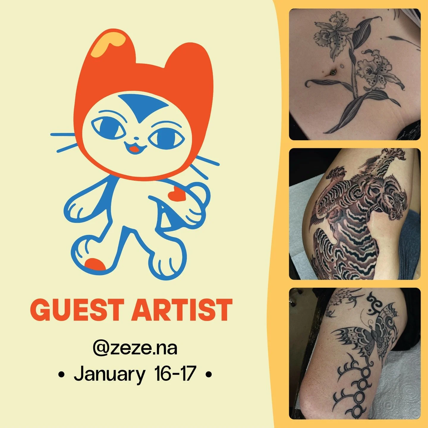 &bull;GUEST ARTIST&bull; January 16-17

Zeze (@zeze.na) is guesting with us in January! Get in touch if you want to book something in!

Contact Zeze directly via Instagram/email for bookings and enquiries.

#wellingtontattoo #nztattoo #guestartist