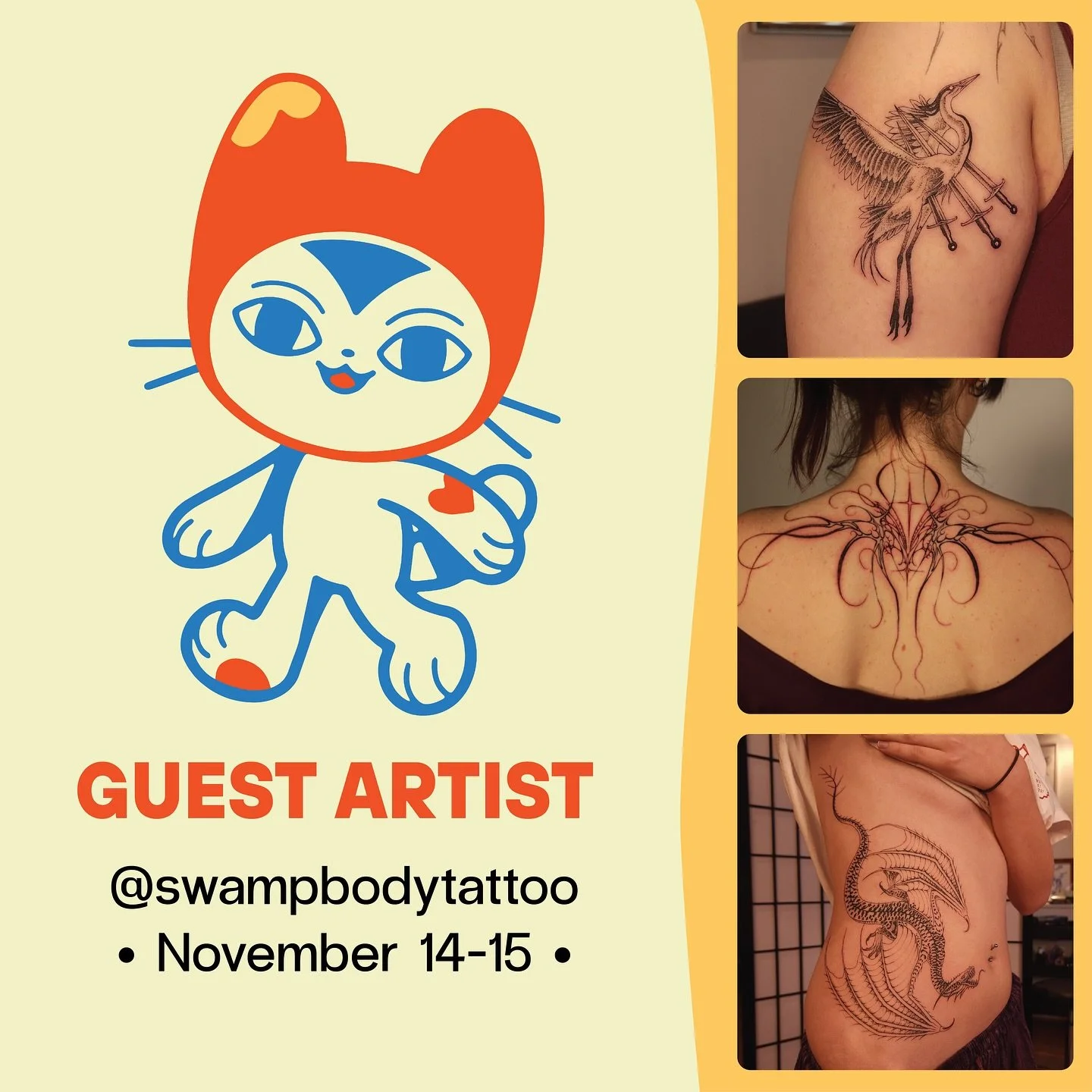 &bull;GUEST ARTIST&bull; November 14-15

Kayleigh (@swampbodytattoo) will be guesting with us on the 14th-15th of November. She is booked out this time around but keep an eye out for potential guest spots in the future!

Contact her directly via Inst