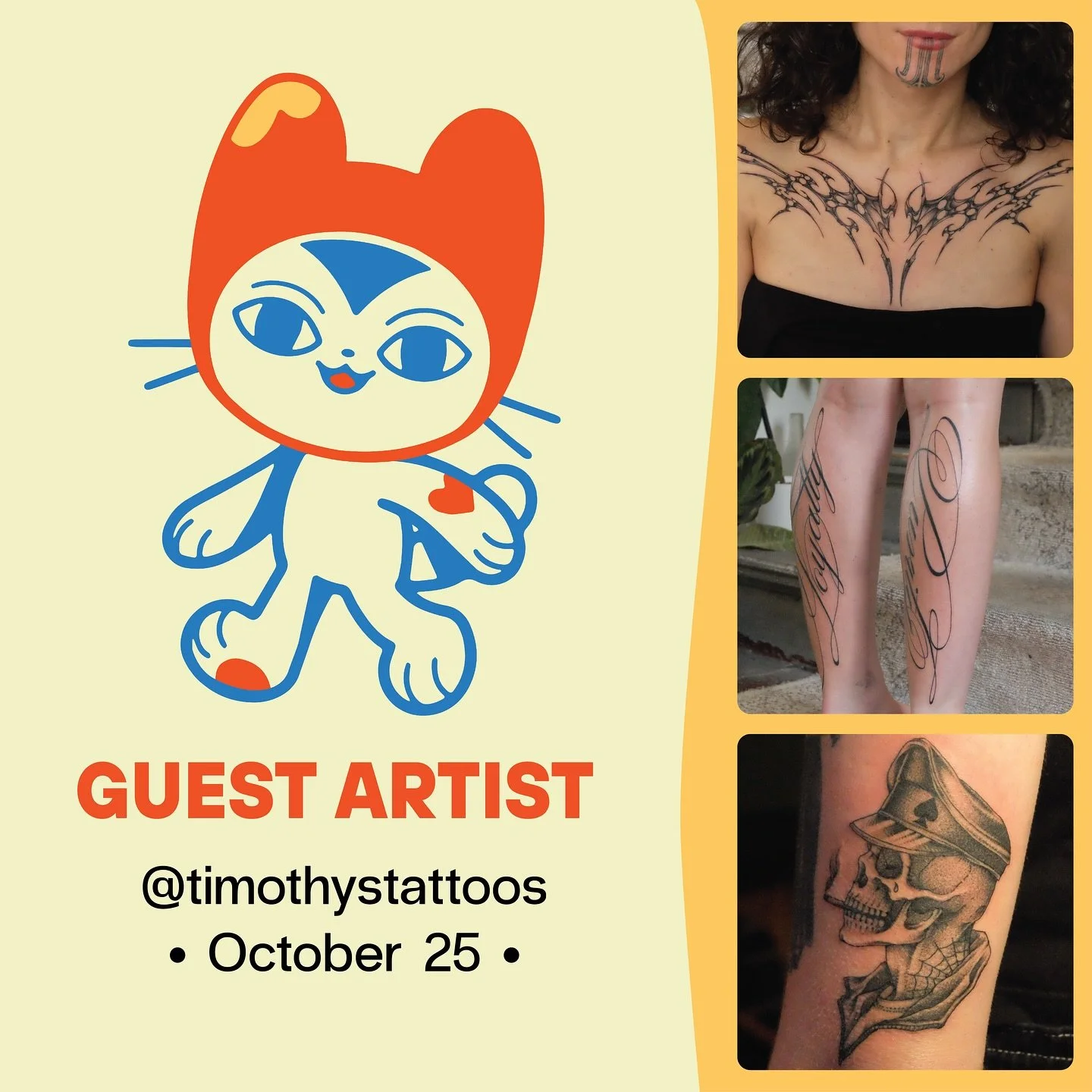 &bull;GUEST ARTIST&bull; October 25

The talented Timothy (@timothystattoos) will be guesting with us for one day only! Check out his Instagram for dark blackwork and illustrative tattoos. Keep your eyes peeled for future potential spots!

Contact hi