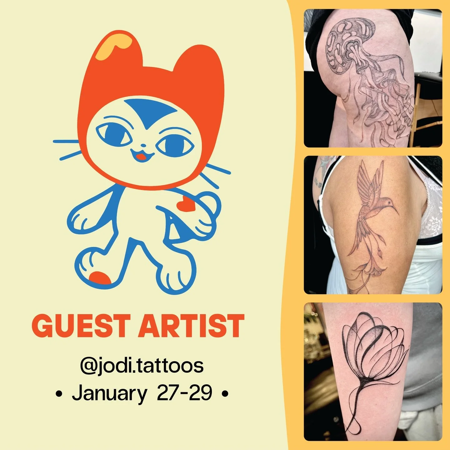 &bull;GUEST ARTIST&bull; January 27 - 29

Jodi (@jodi.tattoos) is guesting with us next week! She enjoys tattooing florals and dot-work. Check out her Instagram for available designs.

Contact Jodi directly via Instagram for bookings and enquiries!

