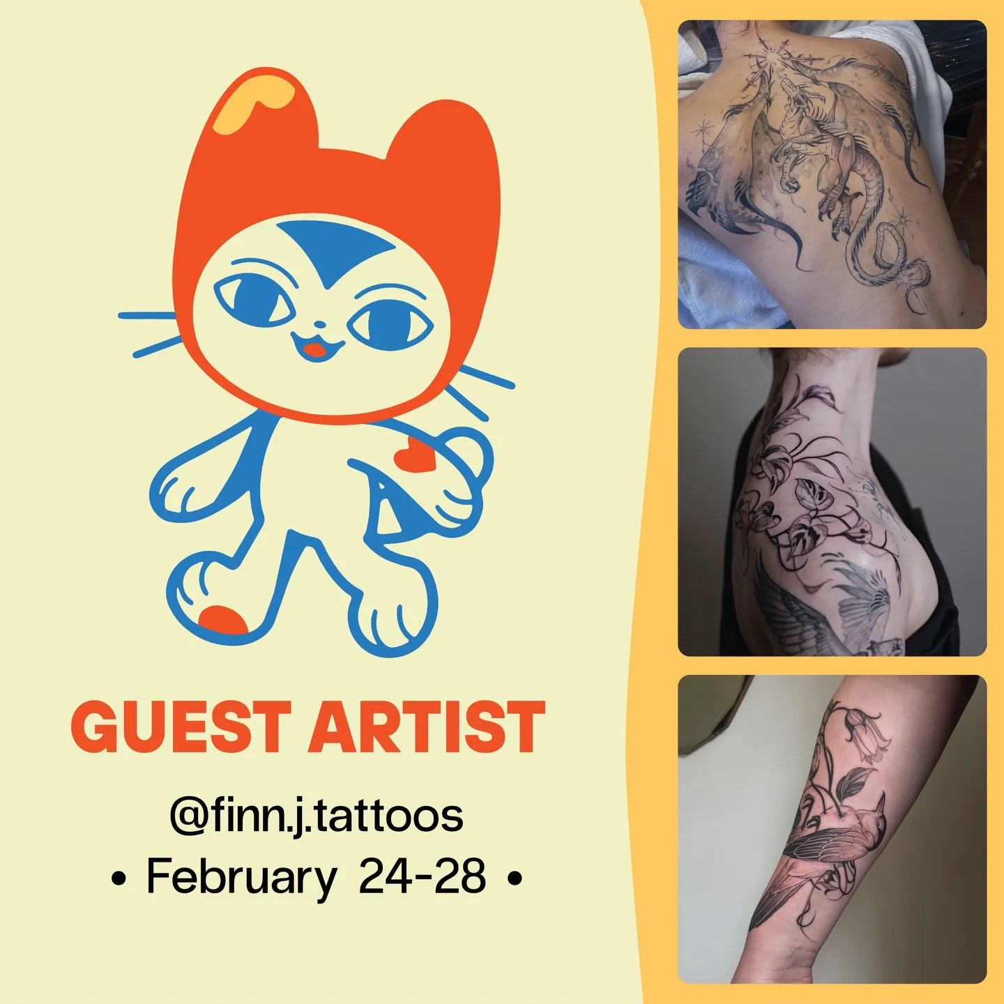 &bull;GUEST ARTIST&bull; February 24 - 28

Finn (@finn.j.tattoos) is guesting with us at the end of February! He specialises in black and grey illustrative tattoos. He is a big fan of fantasy, weird and whimsical critters, and everything in between!
