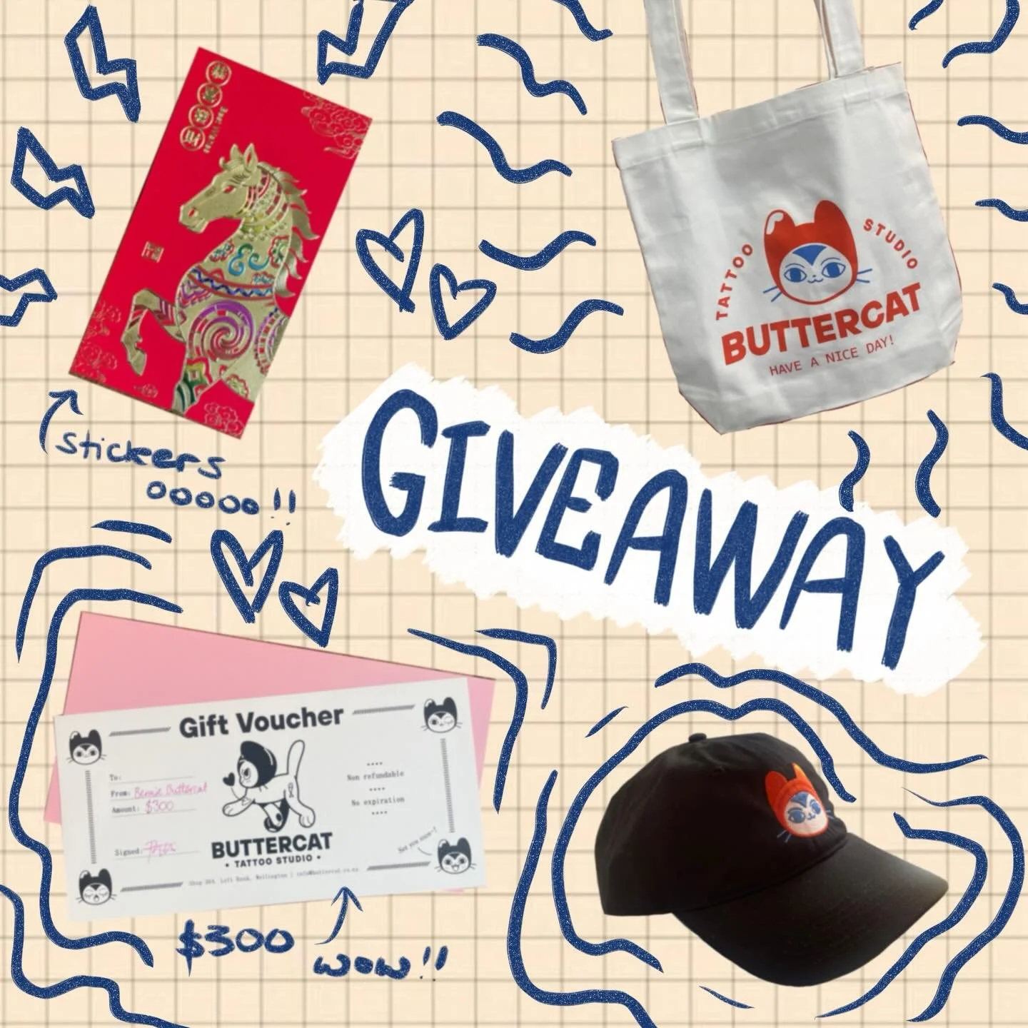 🧧🐎🔥 Lunar New Year Giveaway 🔥🐎🧧 With our flash day coming up (22 Feb, wink wink) we&rsquo;re feeding our lovely li&rsquo;l followers another juicy pack of prizes, including:

- $300 tattoo voucher
- 1x Buttercat tote bag 
- 1x Buttercat cap 
- 