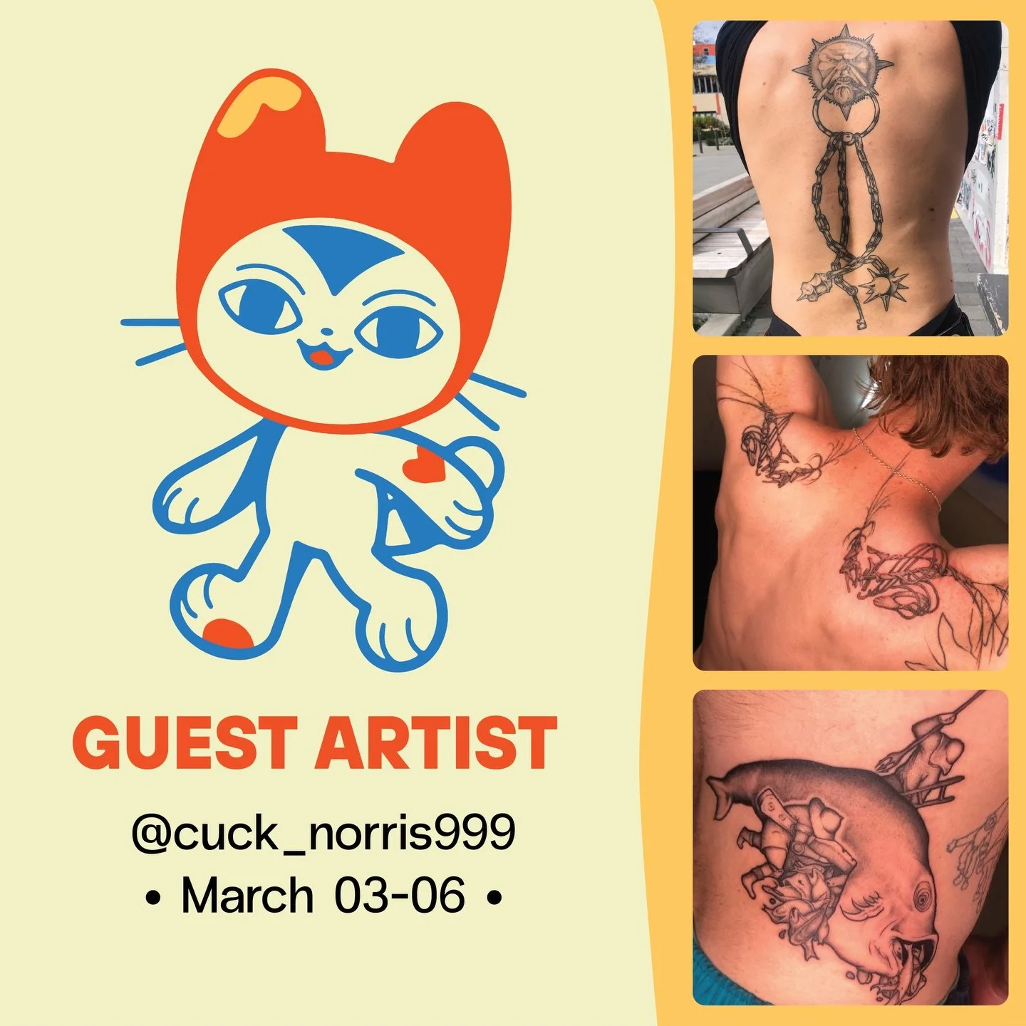 &bull;GUEST ARTIST&bull; March 03 - 06

Finn (@cuck_norris999) is guesting with us in March. He is coming back for a short visit to Pōneke, be sure to book in with him while he&rsquo;s here! Check out his instagram for available designs!

Contact Fin