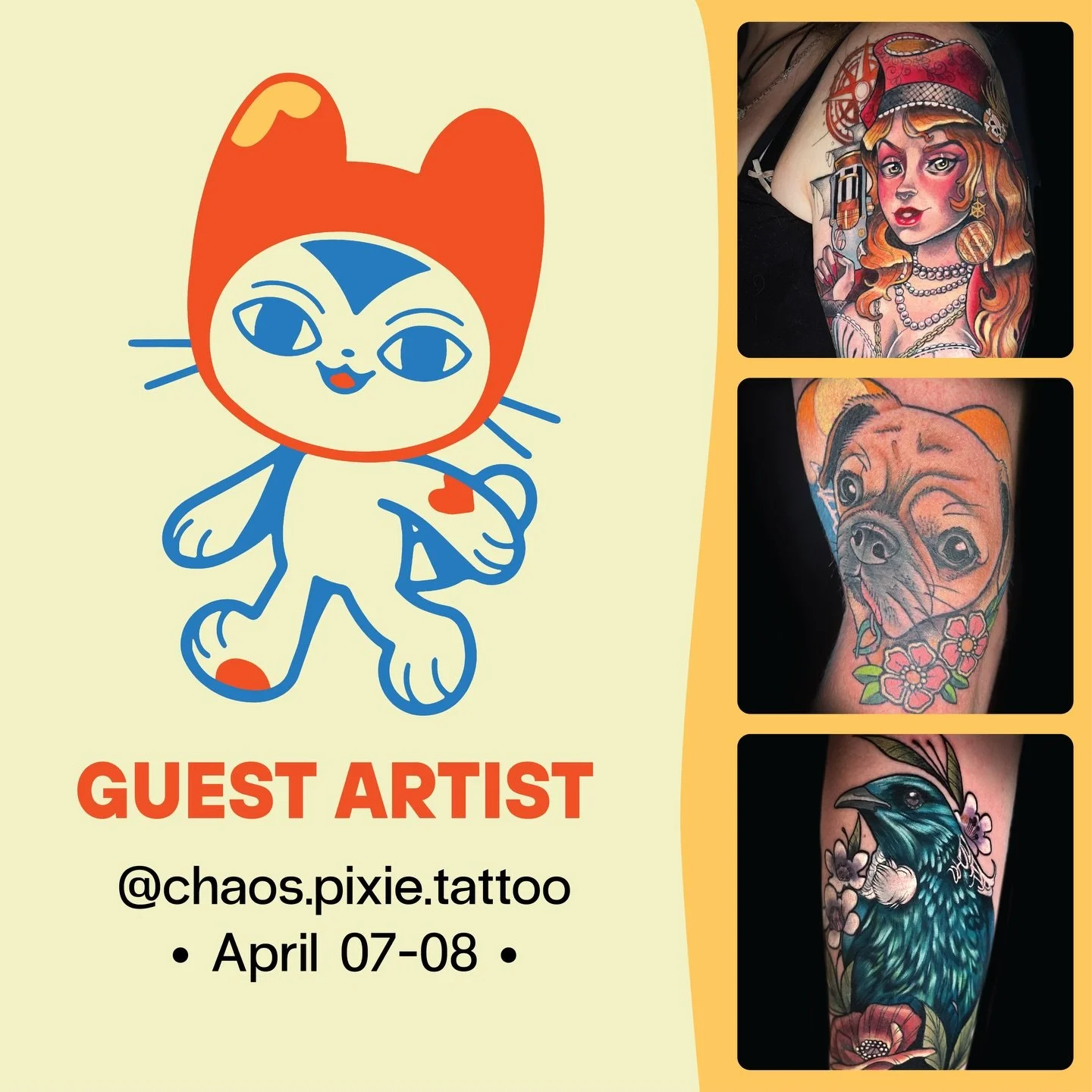 &bull;GUEST ARTIST&bull; April 07 - 08

Carla (@chaos.pixie.tattoo) will be guesting with us in April. She will be at the Armageddon Expo then will be doing a short spot with us! She specialises in colour illutrative tattoos.
Check out her Instagram 