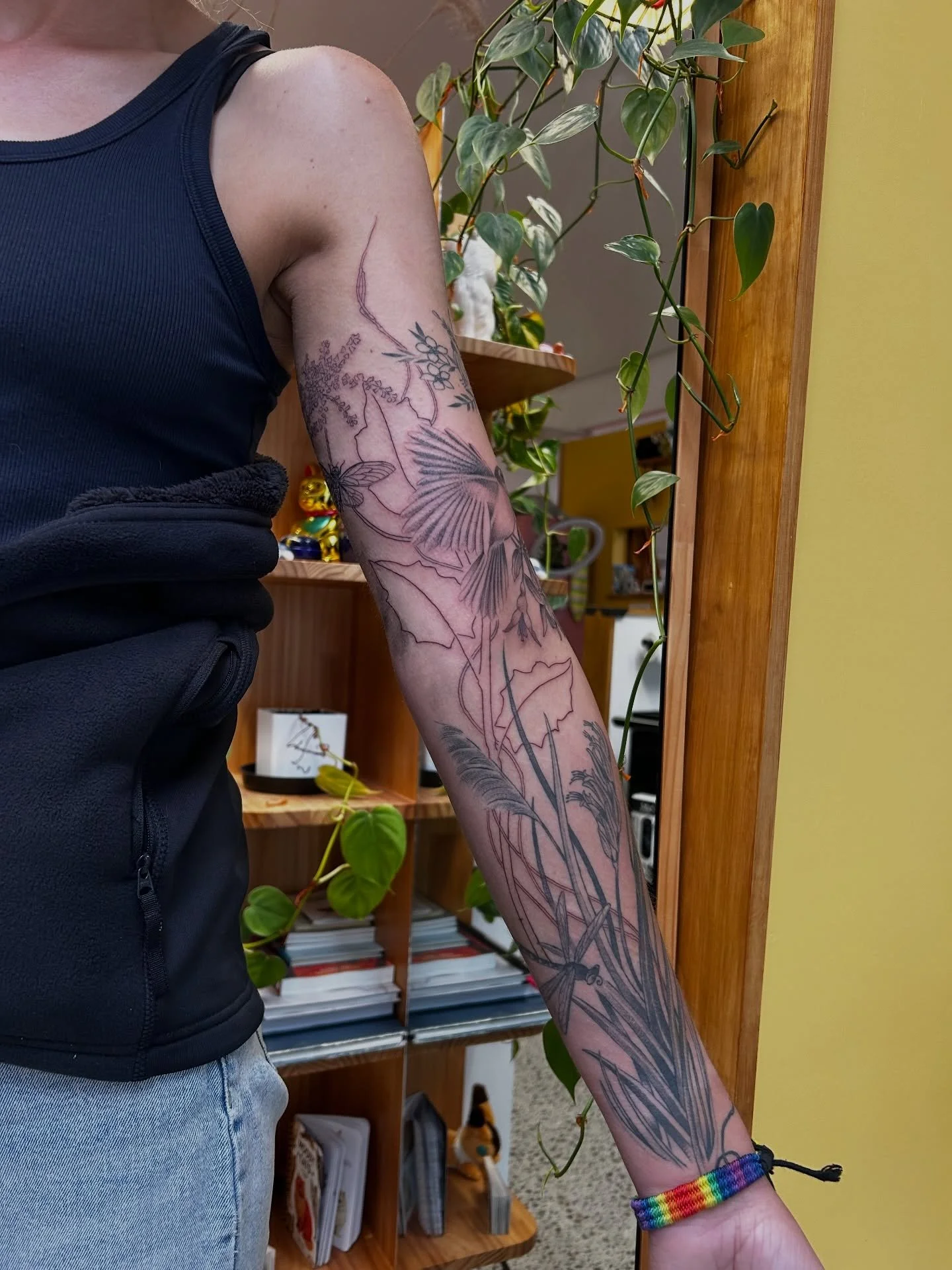 loving continuing this native sleeve. Combination of stencil and freehand contouring to the natural shapes of the body 💚 booking now @buttercattattoo
