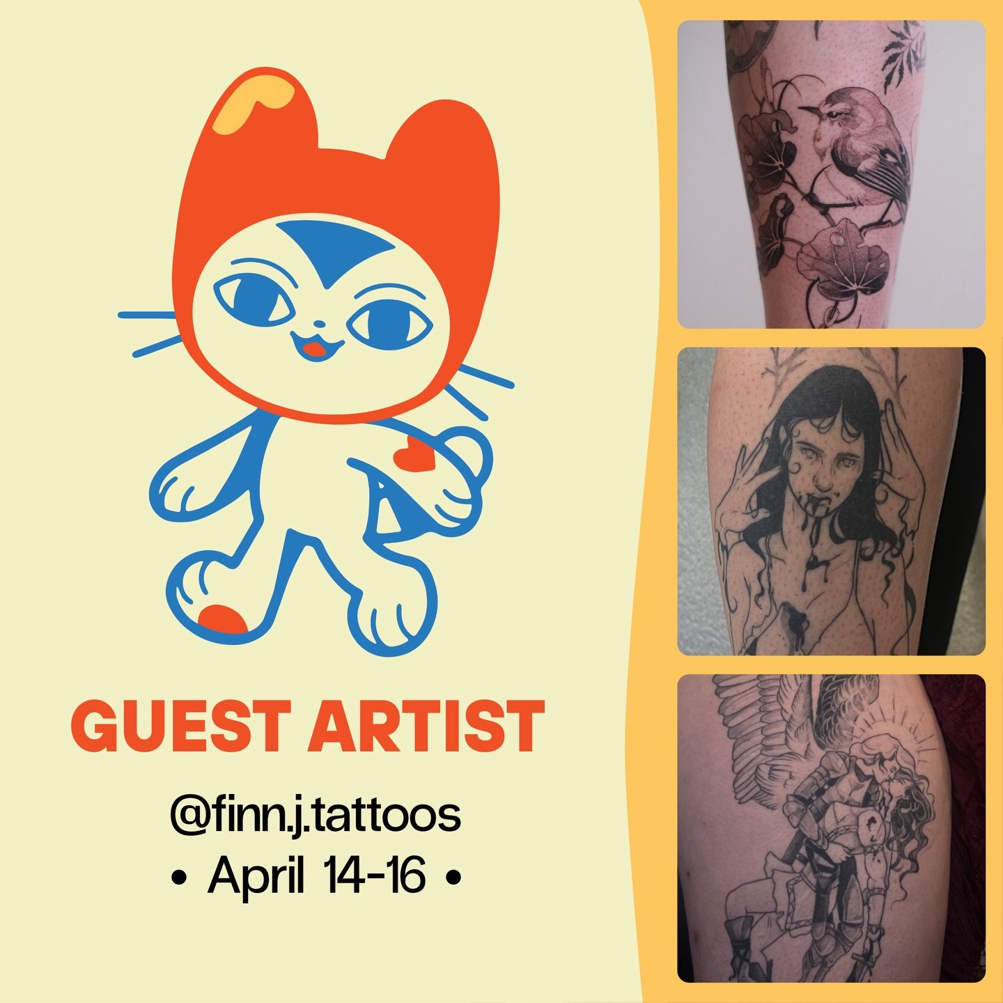 &bull;GUEST ARTIST&bull; April 14 - 16

Finn (@finn.j.tattoos) is guesting with us again in April! He specialises in black and grey illustrative tattoos. He is a big fan of fantasy, weird and whimsical critters, and everything in between!

Check out 