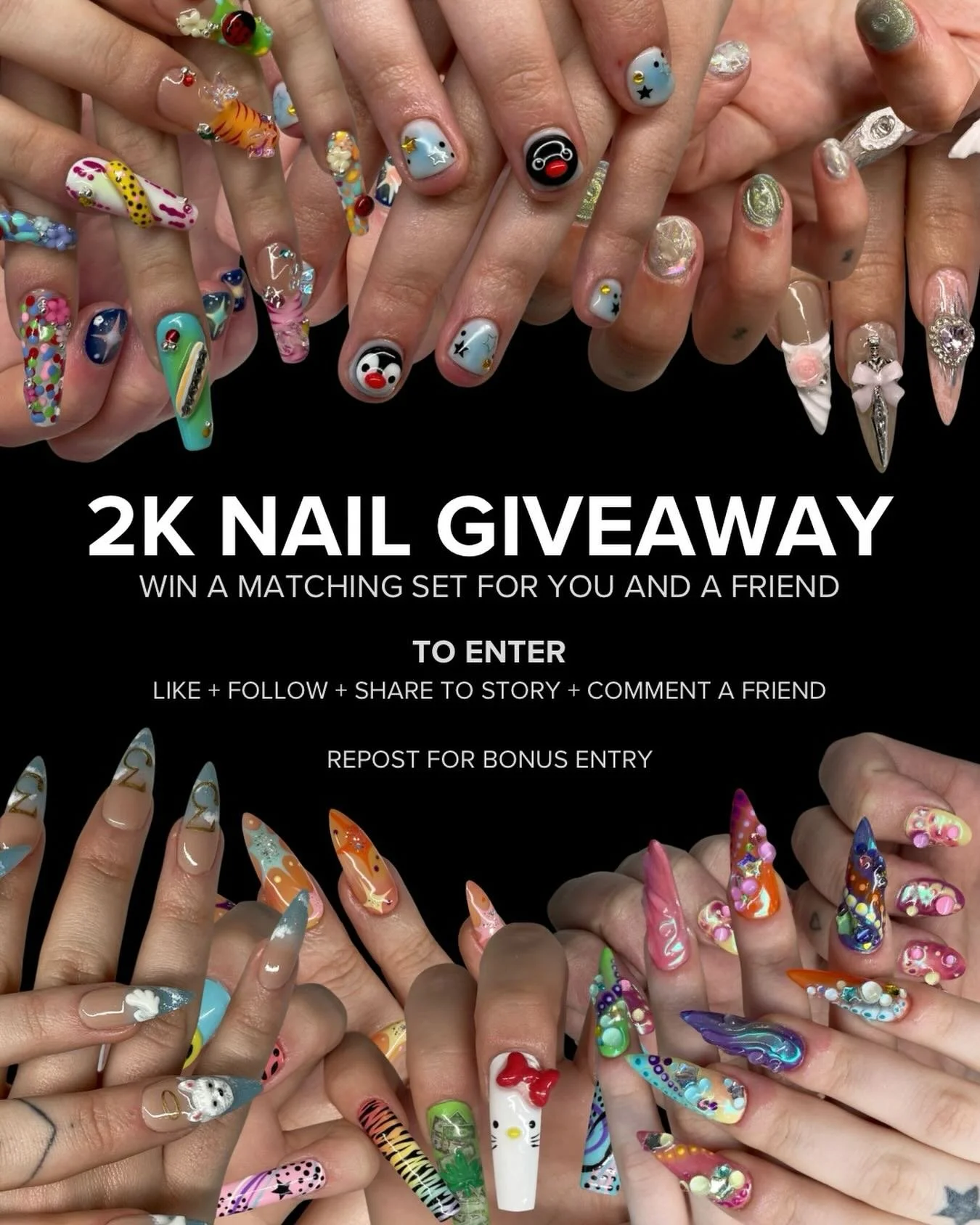 2k Giveaway ⭐️

To celebrate hitting 2k I&rsquo;m giving away 2 matching nail sets to the winner and their chosen friend! 

The matching set can be inspired by anything that fits a paired theme, some examples&hellip;
- Sun + Moon ☀️🌙
- Princess + Kn