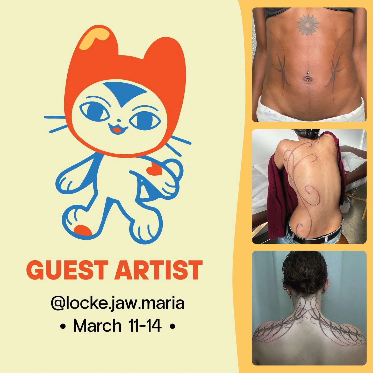 &bull;GUEST ARTIST&bull; March 11 - 14

Ali (@locke.jaw.maria) is guesting with us mid March. Their work explores organic flow and patterns that perfectly adorn the body. Be sure to check out Ali&rsquo;s Instagram for available flash designs!

Contac