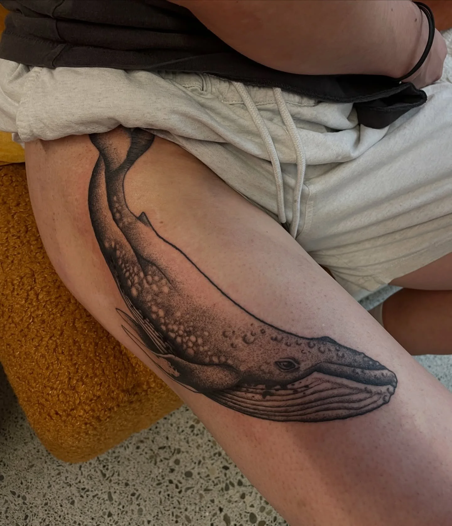 W H A L E 
.
.
.
.
.
.
.
#tattoo #wellingtontattoo #whale #blackandgreytattoo #legtattoo