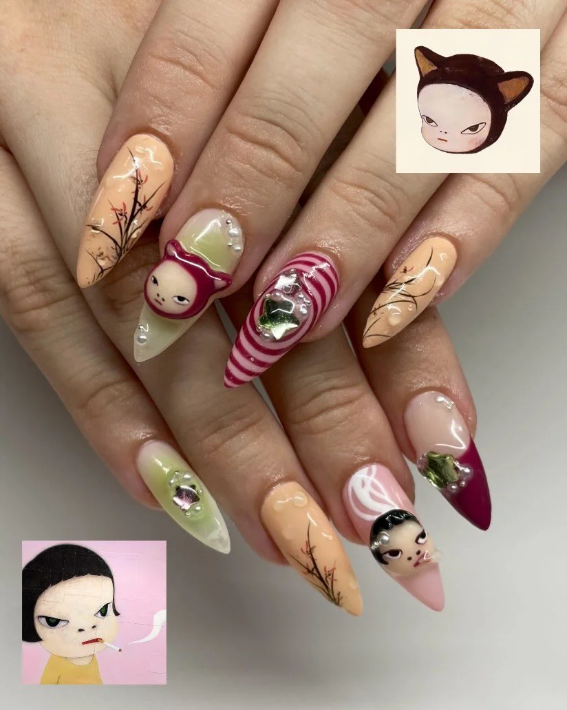 Advanced - Yoshitomo Nara 🌸

I went to Auckland and go to do nails for @sesiiiiw after a year since she left Wellington, I love u Sesi ❤️

Faces sculpted using the @ifwbabylon 3D clay pallette 

Done at @sacrament.nz 🦇

#gelx #yoshitomonara #nailar