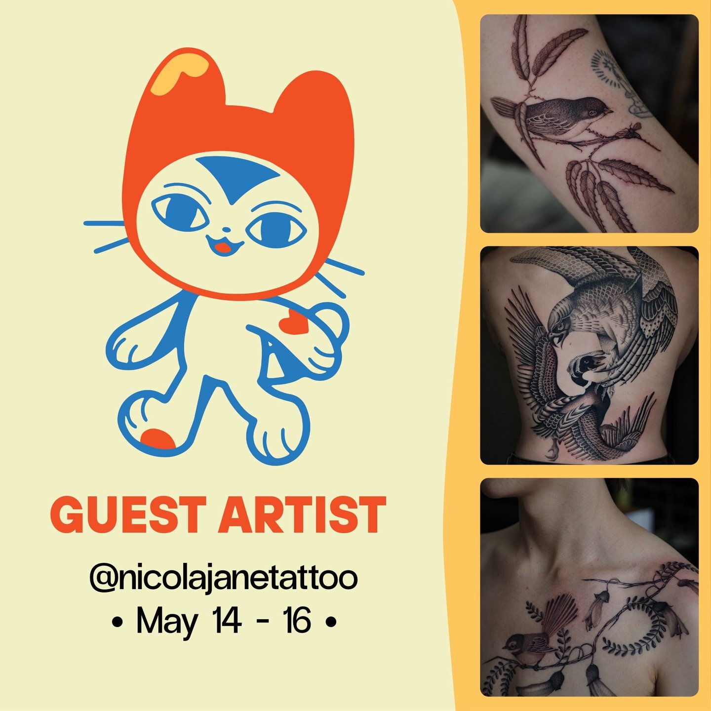 &bull;GUEST ARTIST&bull; May 14 - 16

Nicola (@nicolajanetattoo) will be guesting with us in May! She likes plants, birds and bushwalks which reflect beautifully back into her work.

For bookings and enquiries contact Nicola via Instagram or email.

