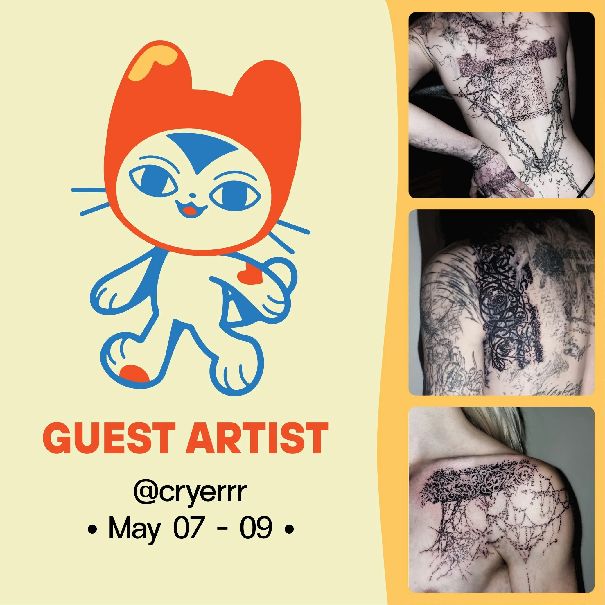 &bull;GUEST ARTIST&bull; May 07 - 09

Charlie (@cryerrr) will be guesting with us in May. They are coming back from Europe for a quick visit. Charlie is booked out this time around but keep an eye out for future spots!

For bookings and enquiries con