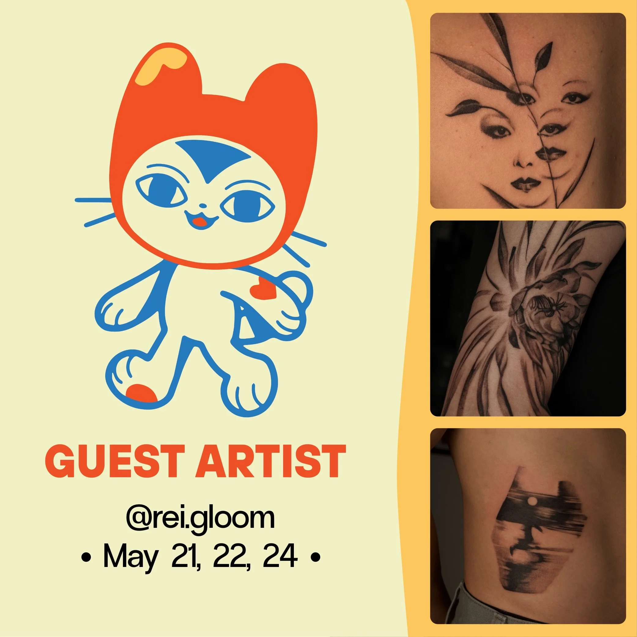 &bull;GUEST ARTIST&bull; May 21, 22, 24

Rei (@rei.gloom) will be guesting with us in May. Rei is a tattoo artist from Singapore doing a working holiday here in Aotearoa. Be sure to check out her work! 

For bookings and enquiries contact Rei via Ins