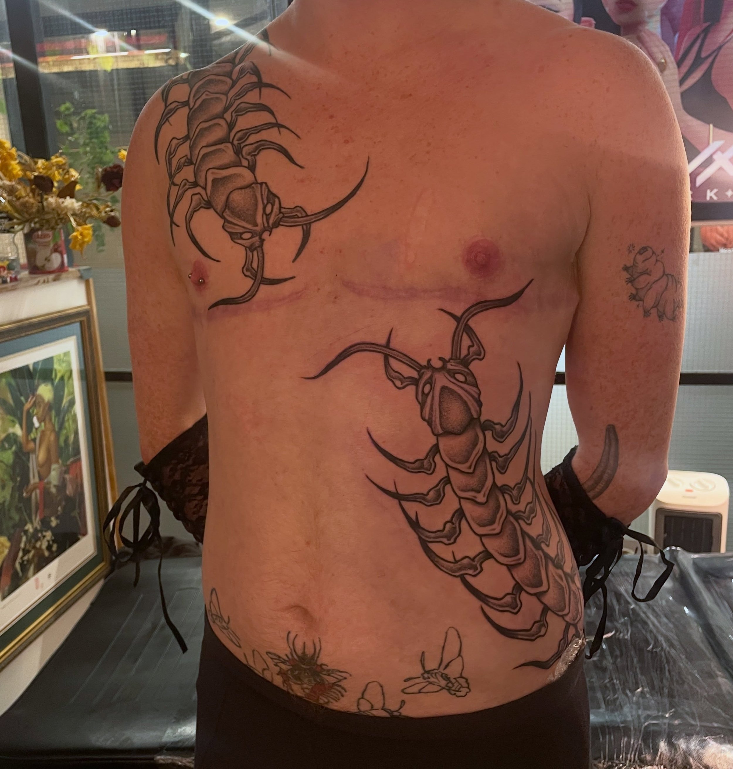 Two centipedes (they&rsquo;re gay and in love) for Dove! There was a better way to photograph this tattoo I know and I&rsquo;m not taking feedback about it atm 🫶
.
.
.
.
.
.
#tattoo #wellingtontattoo #centipede #blackandgreytattoo #insecttattoo