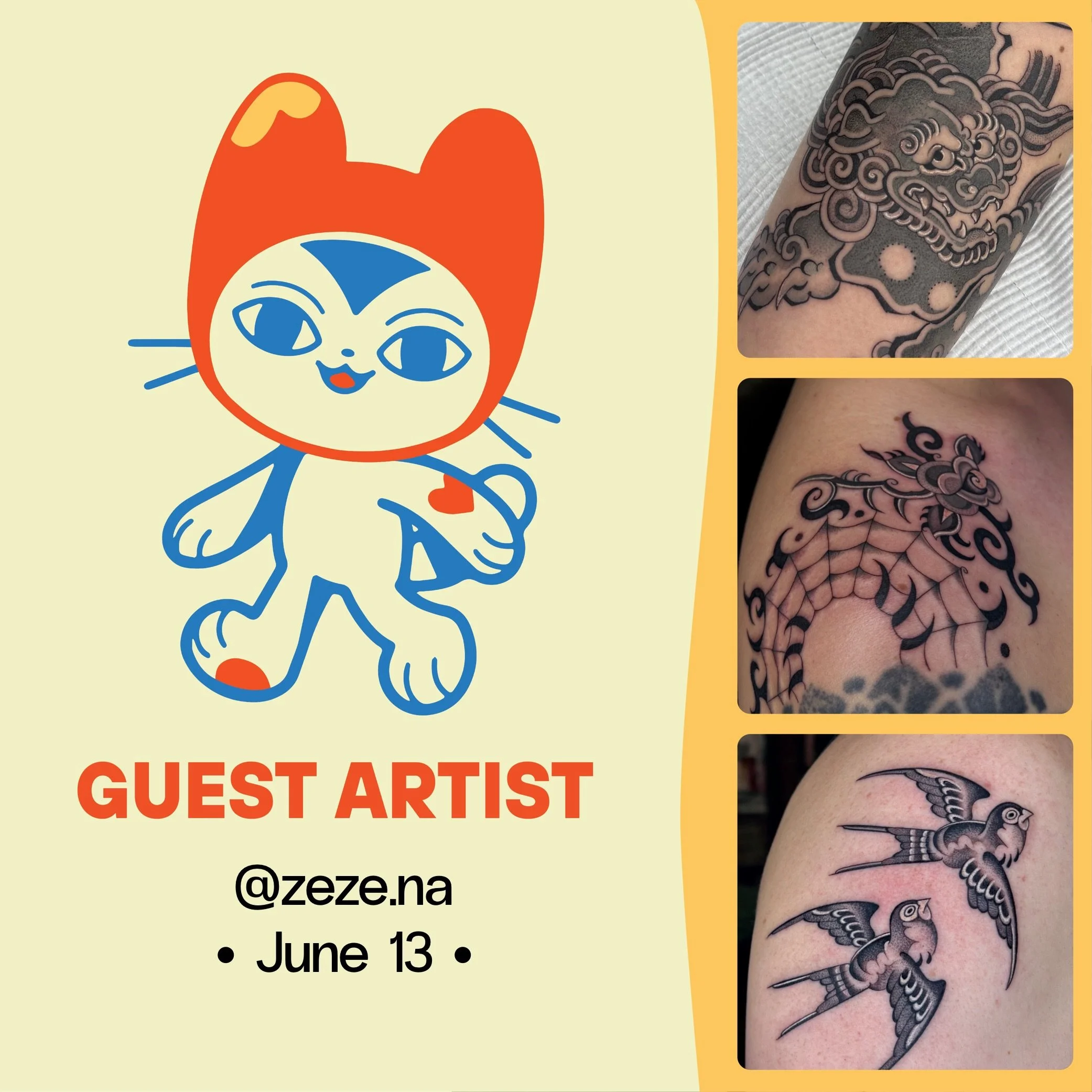 &bull;GUEST ARTIST&bull; June 13

Zeze (@zeze.na) is guesting with us for one day only in June! Get in touch if you want to book something in!

Contact Zeze directly via Instagram/email for bookings and enquiries.

#wellingtontattoo #nztattoo #guesta