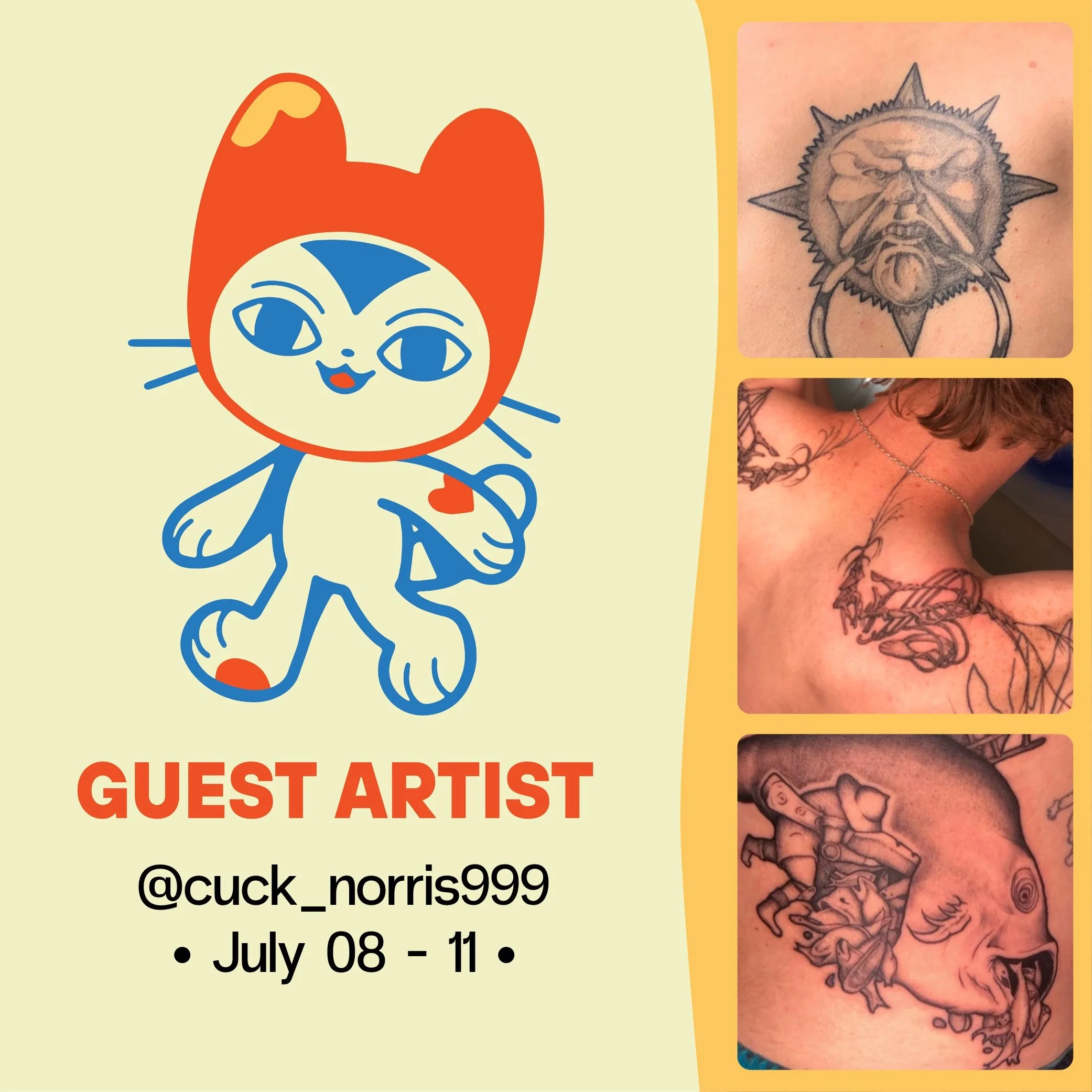 &bull;GUEST ARTIST&bull; July 08 - 11

Finn (@cuck_norris999) is guesting with us in July. Be sure to book in with him while he&rsquo;s here! Check out his instagram for available designs ✨

Contact Finn directly via email for bookings and enquiries.