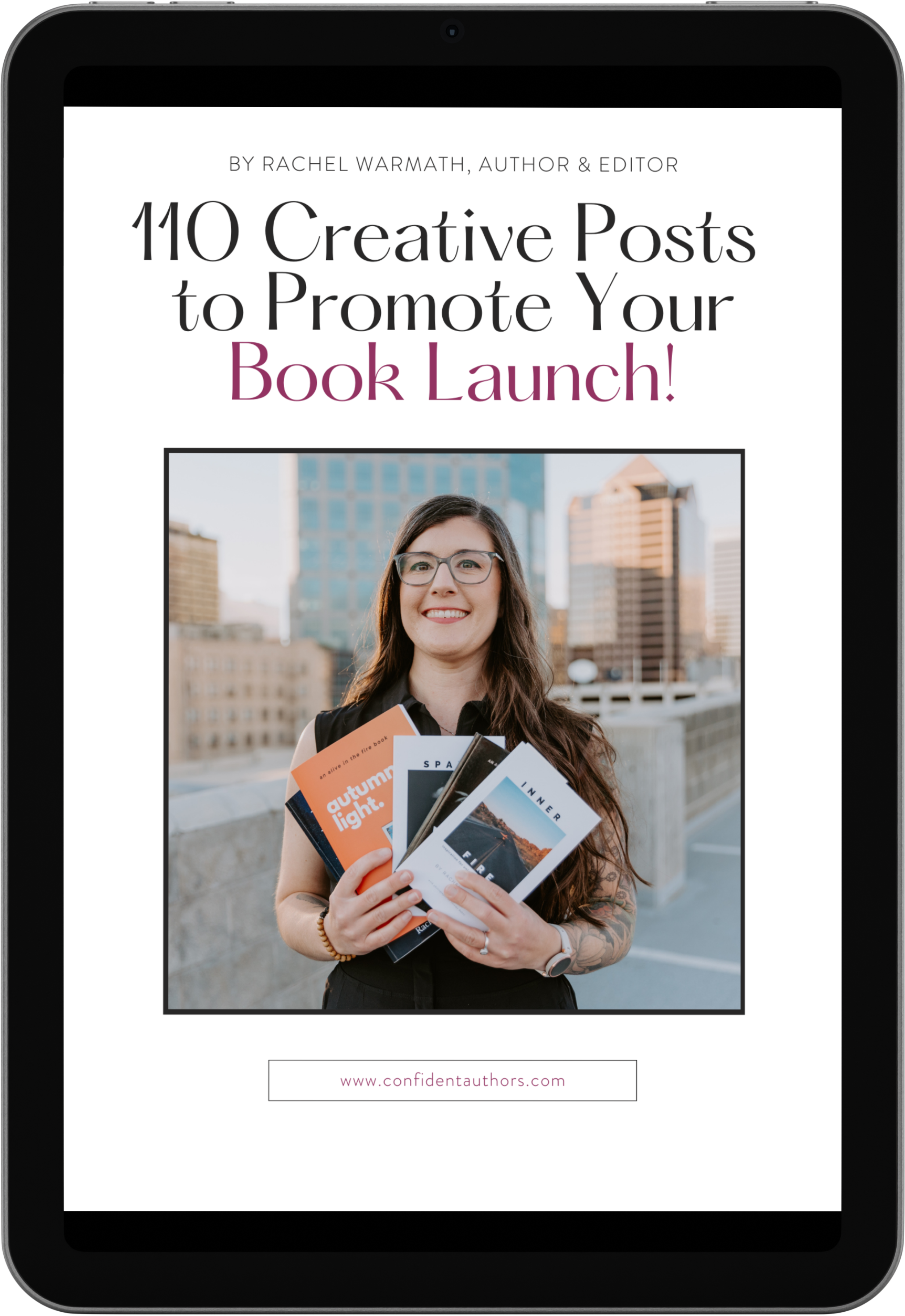 Ebook cover titled "110 Creative Posts to Promote Your Book Launch!" by Rachel Warmath, featuring a woman with glasses holding booklets on a rooftop with city buildings in the background.