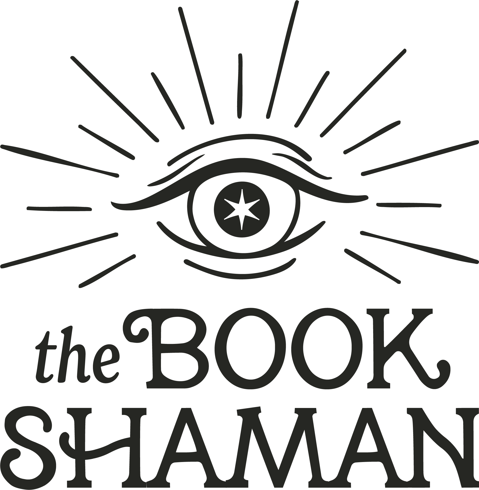 A logo featuring an eye with a star in the iris, surrounded by radiating lines, and the text "the BOOK SHAMAN" underneath.