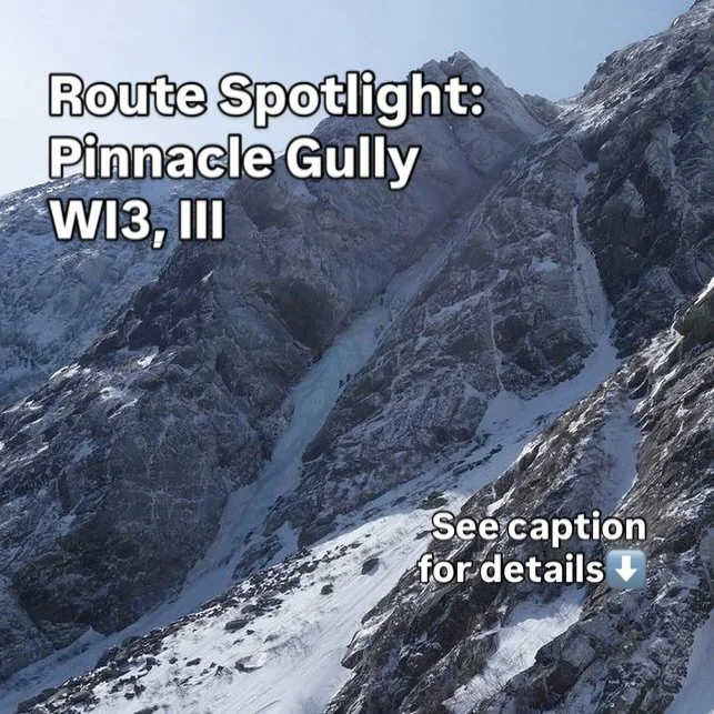 🏔️ Route Spotlight&mdash; Pinnacle Gully

Rating- WI3, III
FA- 1929, Samuel Scoville and Julian Whittlesey
Length- 600 feet, 3-4 pitches 
Approach- 3.1 miles, +2700 elevation gain
Decent- Walk off, 3.5 miles. -3400 feet loss
Time- 7-9 hours car-to-c