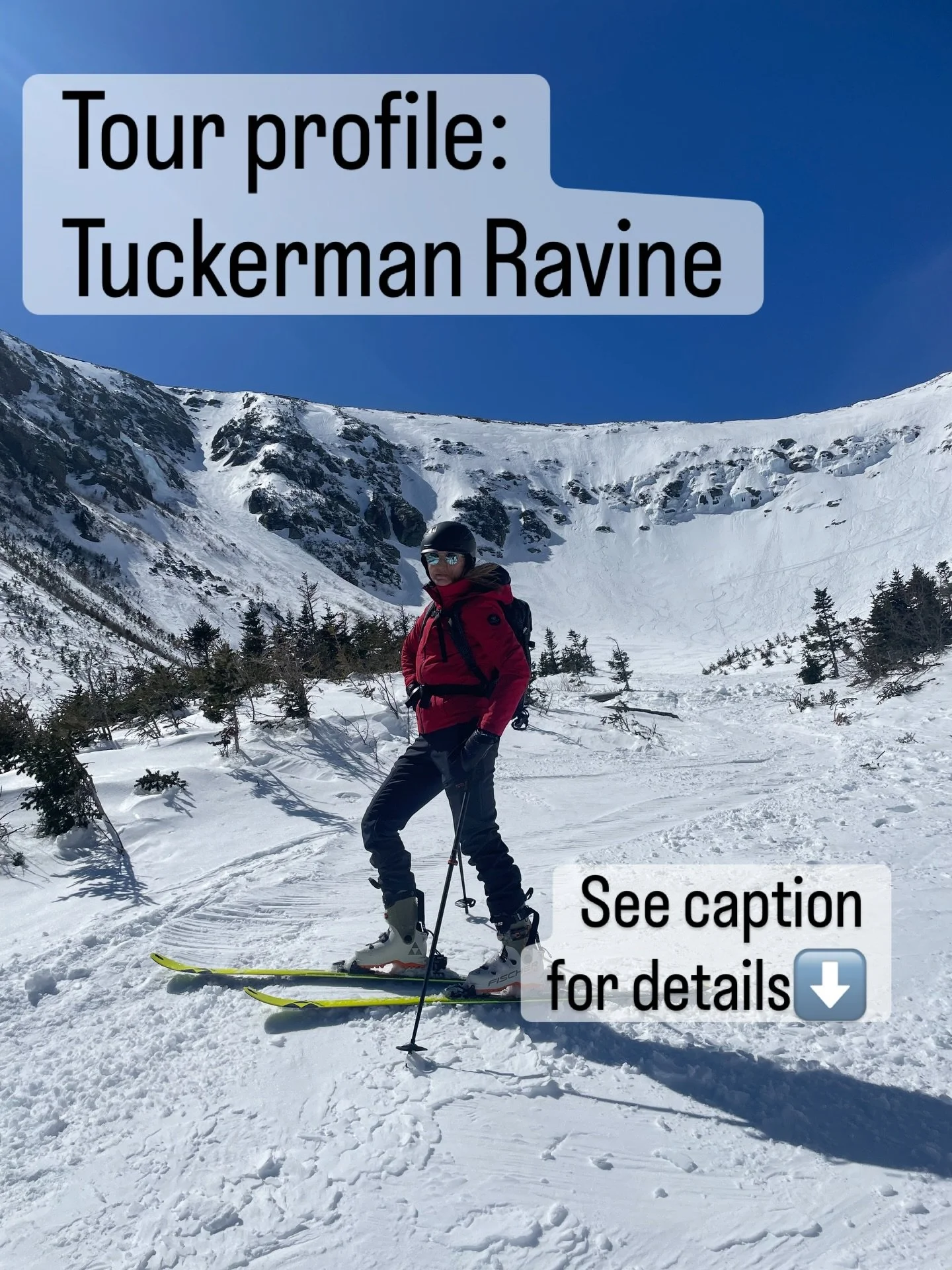 ⛷️ Tour Spotlight&mdash; Tuckerman Ravine

Difficulty - hard, no easy runs here! 40 degrees minimum 
Length- various run lengths 800 to 1400 vertical ft
Approach - 3 miles, +2,500 elevation gain
Descent - full ski out typically until early April
Time