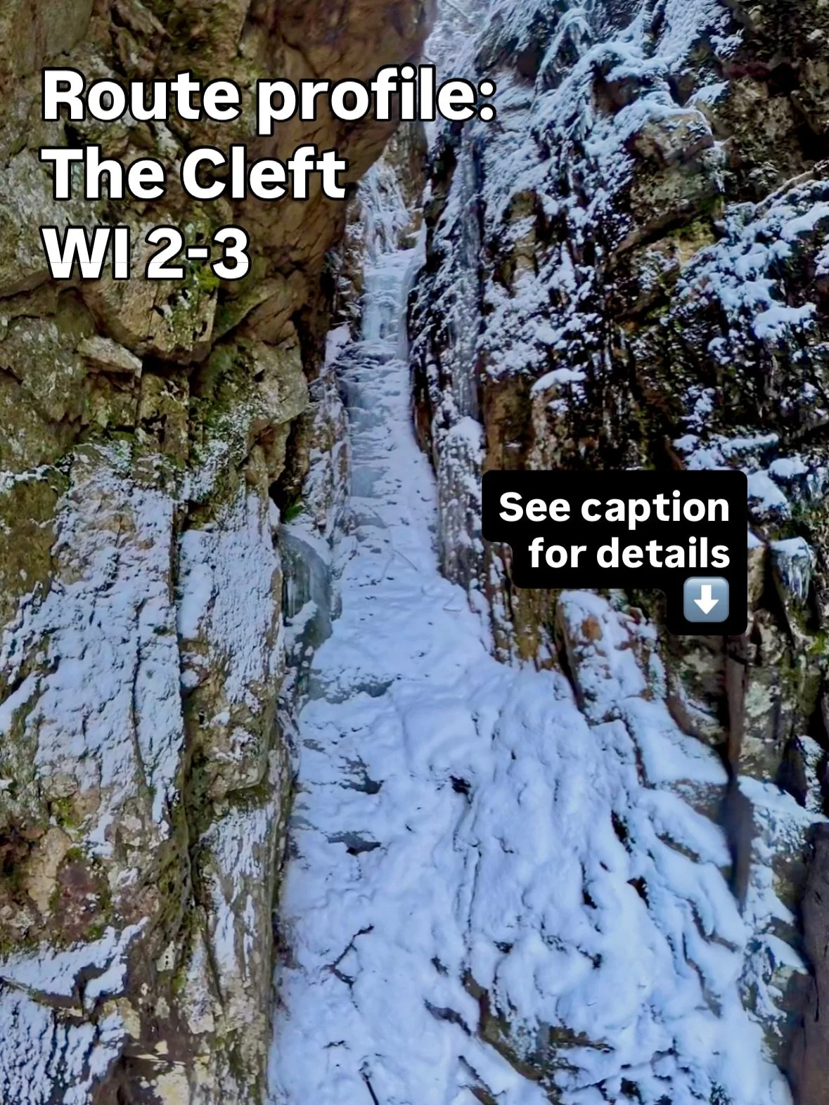 🏔️ Route profile&mdash; The Cleft

Rating- WI2/3
FA- Alain Comeau &amp; Doug Madara 1976/77
Length- 250 feet 2-3 pitches 
Approach-  use lower Hitchcock or left hand of monkey wrench to get to the upper tier of Mount Willard
Decent- walk off or rapp
