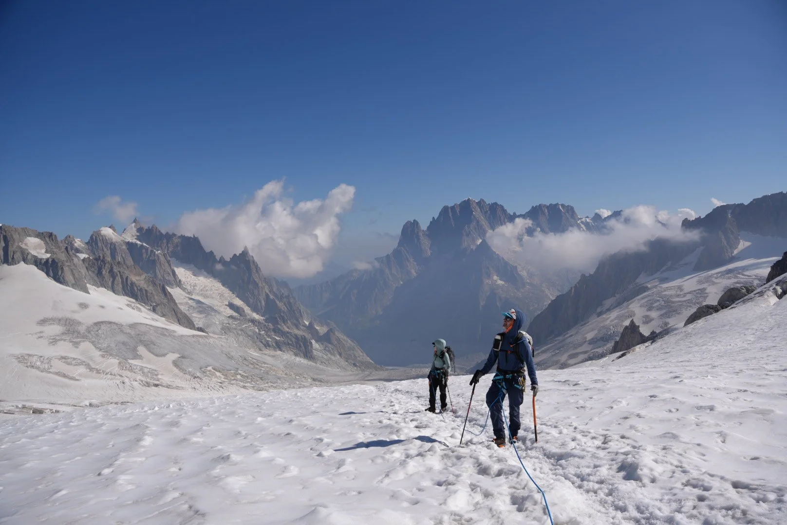 Two climbers on a glacier high above Chamonix France