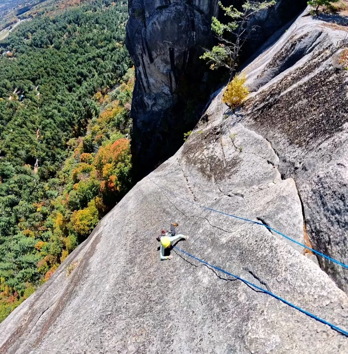 Climber high on Cathedral Ledge