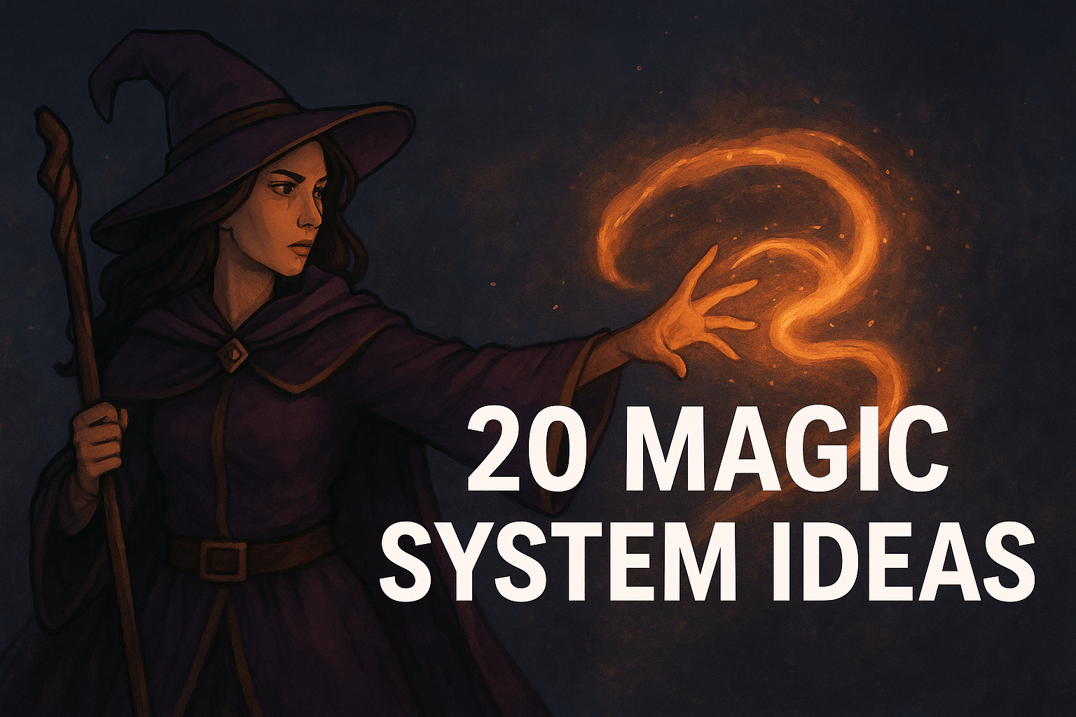 An image of a female wizard summoning fire that reads "20 magic system ideas"