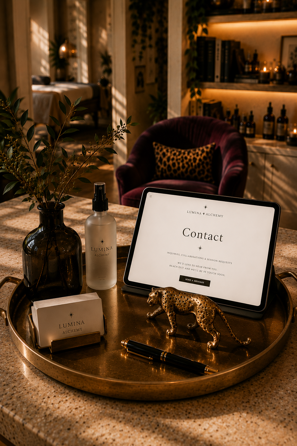 Contact information displayed on a tablet on a gold tray with decorative items, including a plant in a dark vase, a frosted spray bottle labeled 'Lumina Alchemy', a black and gold pen, a stack of business cards, and a gold cheetah figurine, set on a marble countertop in a cozy, stylish room.