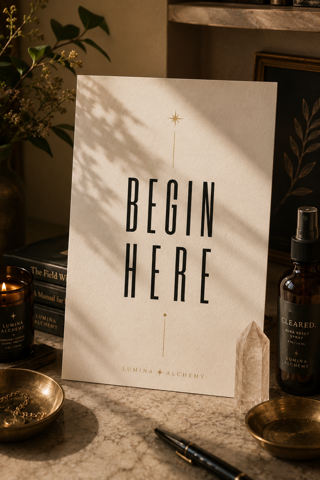 Decorative desk setup with a sign that reads 'BEGIN HERE' and the words 'LUMINA & ALCHEMY' at the bottom, surrounded by candles, a spray bottle, a crystal, a pen, and books, with a leafy plant in the background.