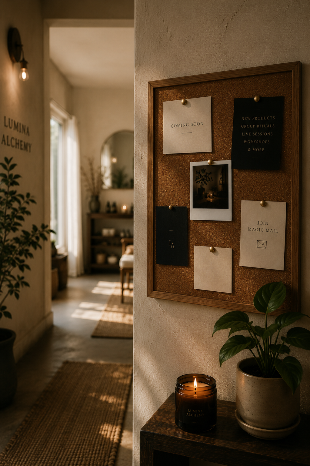 Decorative corkboard with various notes and photos on a wall in a cozy room with plants, candlelight, and natural light from a window.