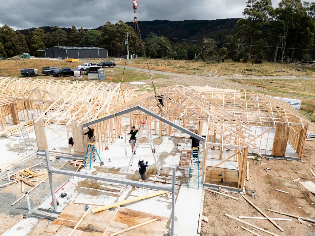 Construction workers are building a wooden house frame with cranes and ladders on site, with a backdrop of trees and a cloudy sky.