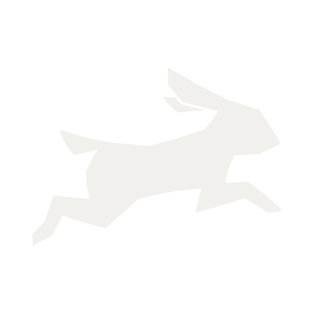 A stylized, geometric black and white drawing of a rabbit in mid-leap.