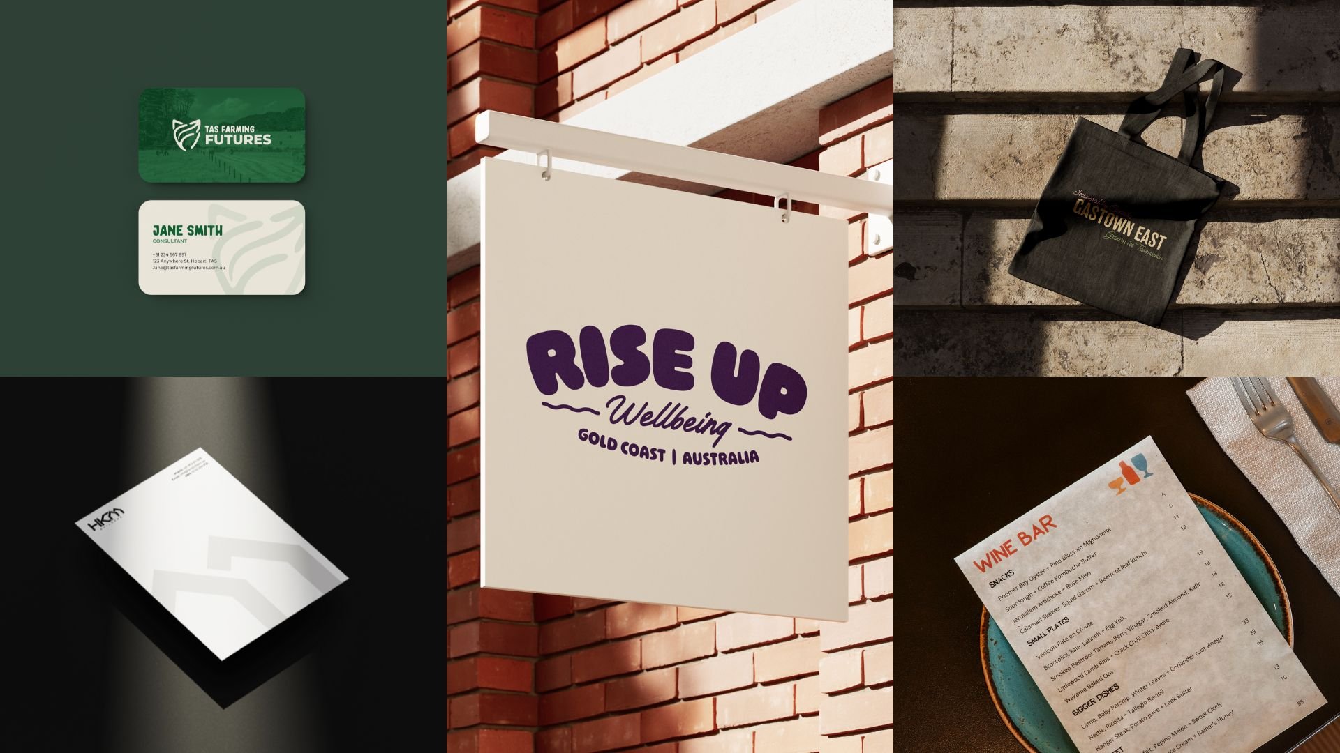 A collage of six images, including business cards, a signboard with 'Rise Up Wellbeing' text, a black tote bag, a white menu sheet, and a wine bar menu on a table.
