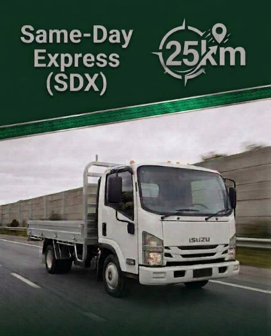 YAPO Same-day express commercial delivery truck providing flatbed transport services within a 25km radius of springvale