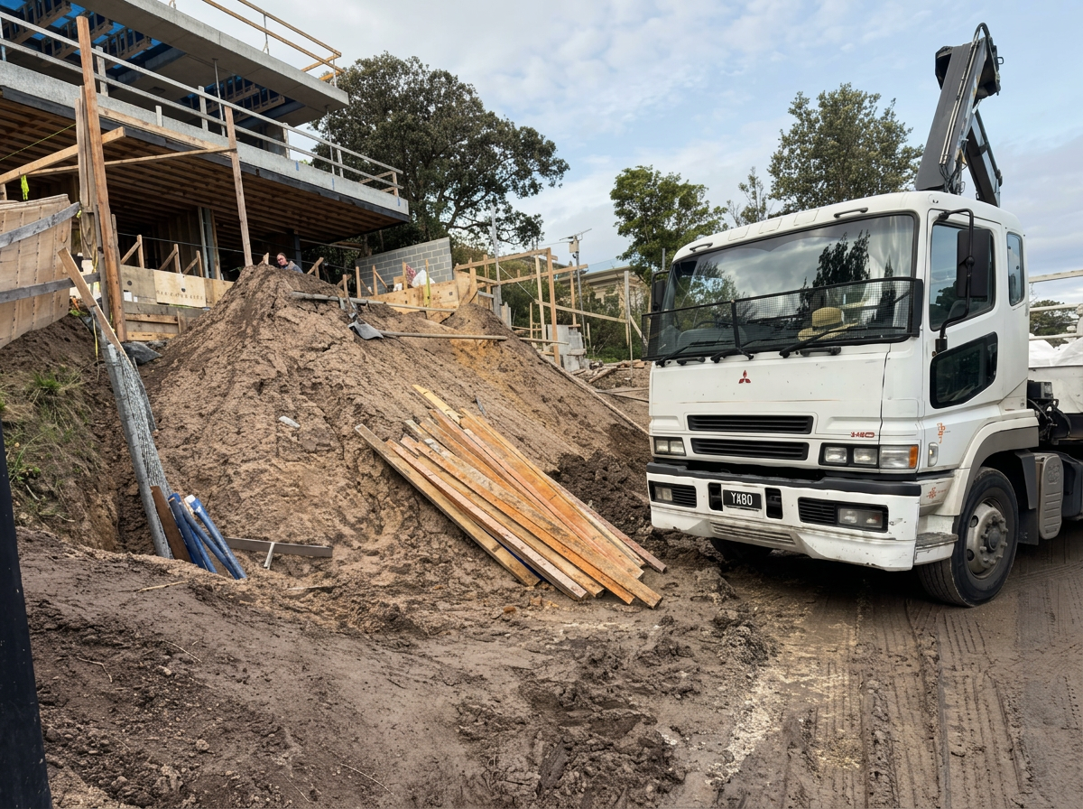 Crane truck at coastal suburb residential area