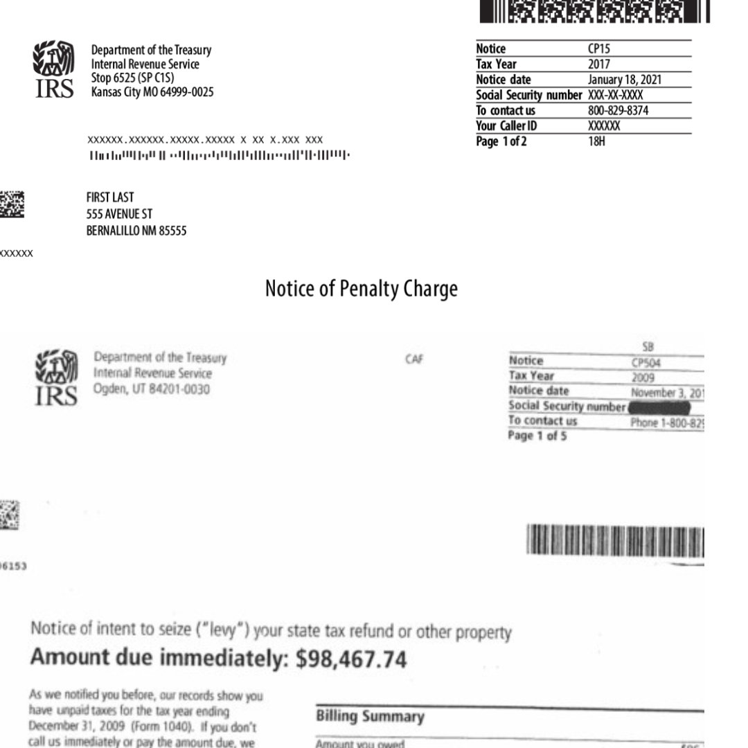 A two-page IRS notice of penalty charge with blacked-out social security numbers, showing details such as notice number, tax year, notice date, contact information, and the amount due of $98,467.74.