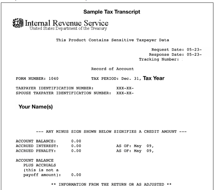 Sample tax transcript from the Internal Revenue Service showing taxable year, taxpayer identification number, account balance, interest, penalties, and trust information.