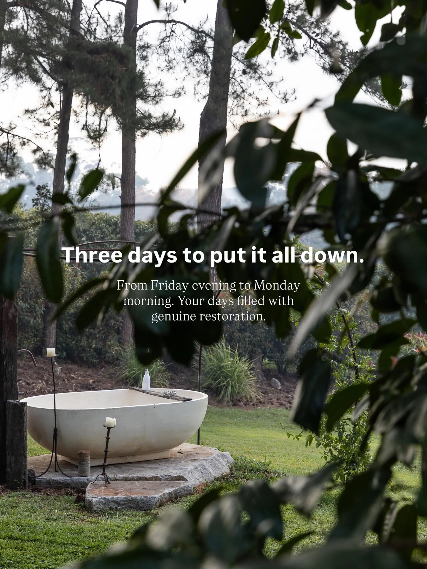 Friday evening to Monday morning, this is three days of genuine restoration &mdash; cacao ceremonies, morning movement, potent workshops, sound healing, sharing circles, fire ceremonies, and long slow meals made with care. Space to journal, swim, rec