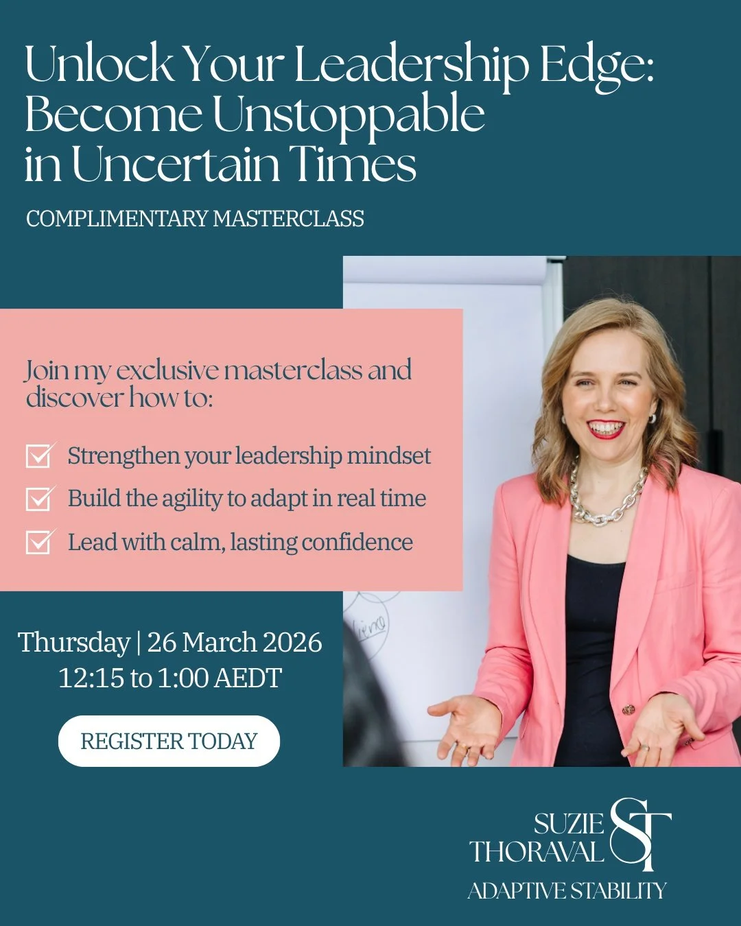 🌿 Unlock Your Leadership Edge: Become Unstoppable in Uncertain Times 🌿

In today&rsquo;s fast-changing world, the best leaders aren&rsquo;t the ones who have all the answers - they&rsquo;re the ones who can adapt, stay steady, and lead with calm, r
