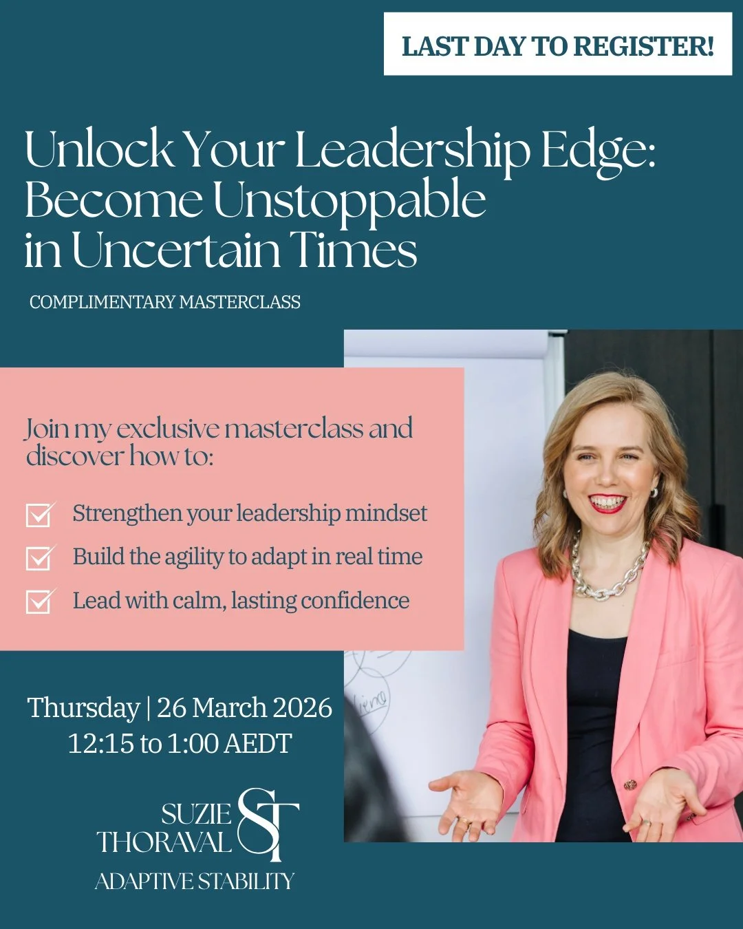 LAST DAY TO REGISTER‼️

🌿 Unlock Your Leadership Edge: Become Unstoppable in Uncertain Times 🌿

In today&rsquo;s fast-changing world, the best leaders aren&rsquo;t the ones who have all the answers - they&rsquo;re the ones who can adapt, stay stead
