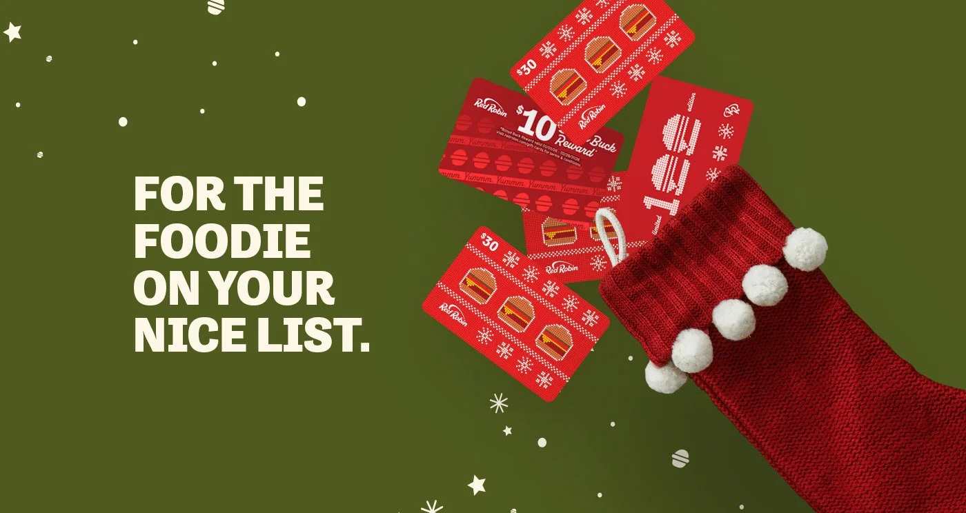 Holiday-themed image with a red Christmas stocking decorated with white pom-poms, a gift card, and casino-style scratch-off lottery tickets, along with the text "For the foodie on your nice list" on a green background with white snowflake and star graphics.
