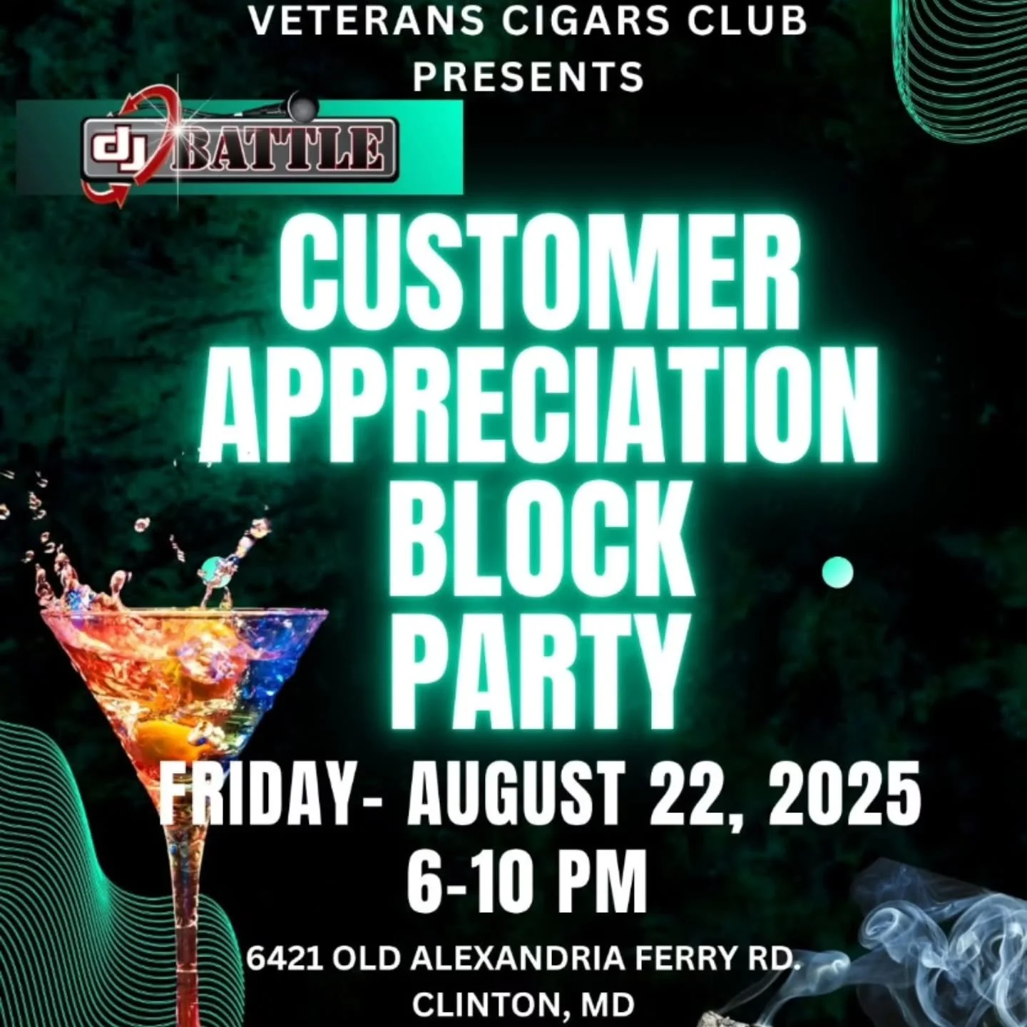 🎉 BLOCK PARTY ALERT! 🎉
Join Veterans Cigar Club &amp; The Hideaway for an unforgettable night of music, vibes, and community fun!

📅 Friday, August 22nd
🕕 6:00 PM &ndash; 10:00 PM
🎧 Featuring DJ Battle bringing the beats all night!

🔥 Good peop