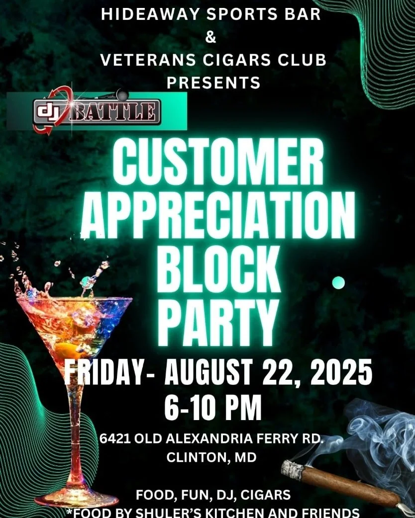 🎉 BLOCK PARTY ALERT! 🎉
Join Veterans Cigar Club &amp; The Hideaway for an unforgettable night of music, vibes, and community fun!

📅 Friday, August 22nd
🕕 6:00 PM &ndash; 10:00 PM
🎧 Featuring DJ Battle bringing the beats all night!

🔥 Good peop